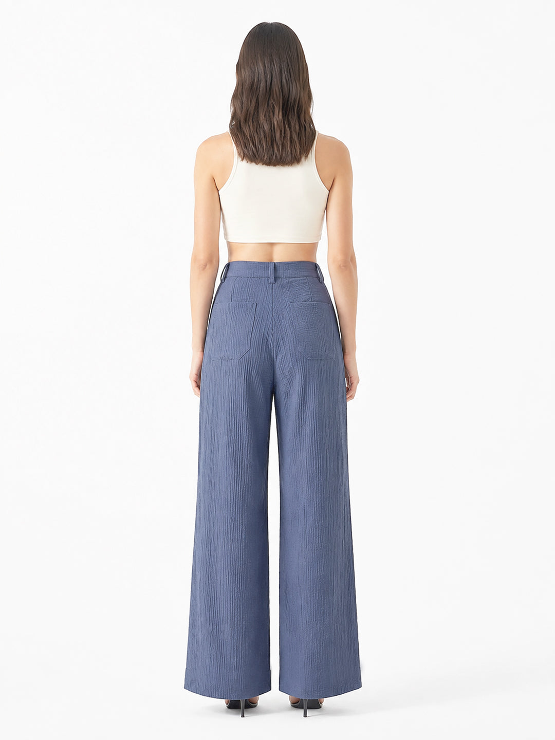 Women blue Textured High-Rise Wide-Leg Trousers