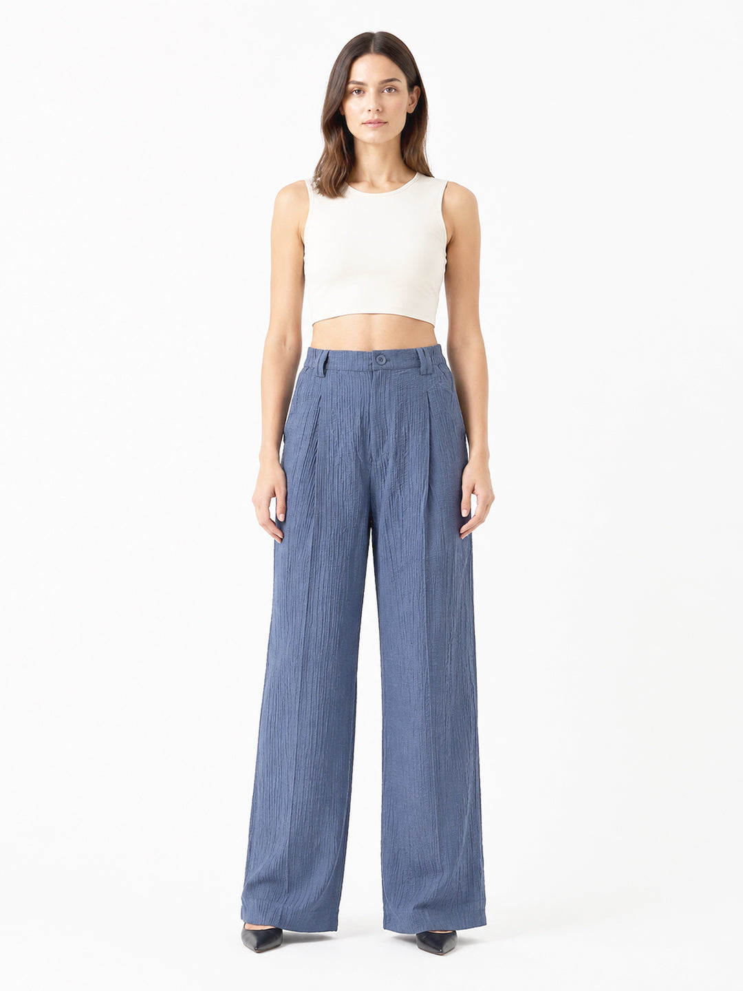 Women blue Textured High-Rise Wide-Leg Trousers