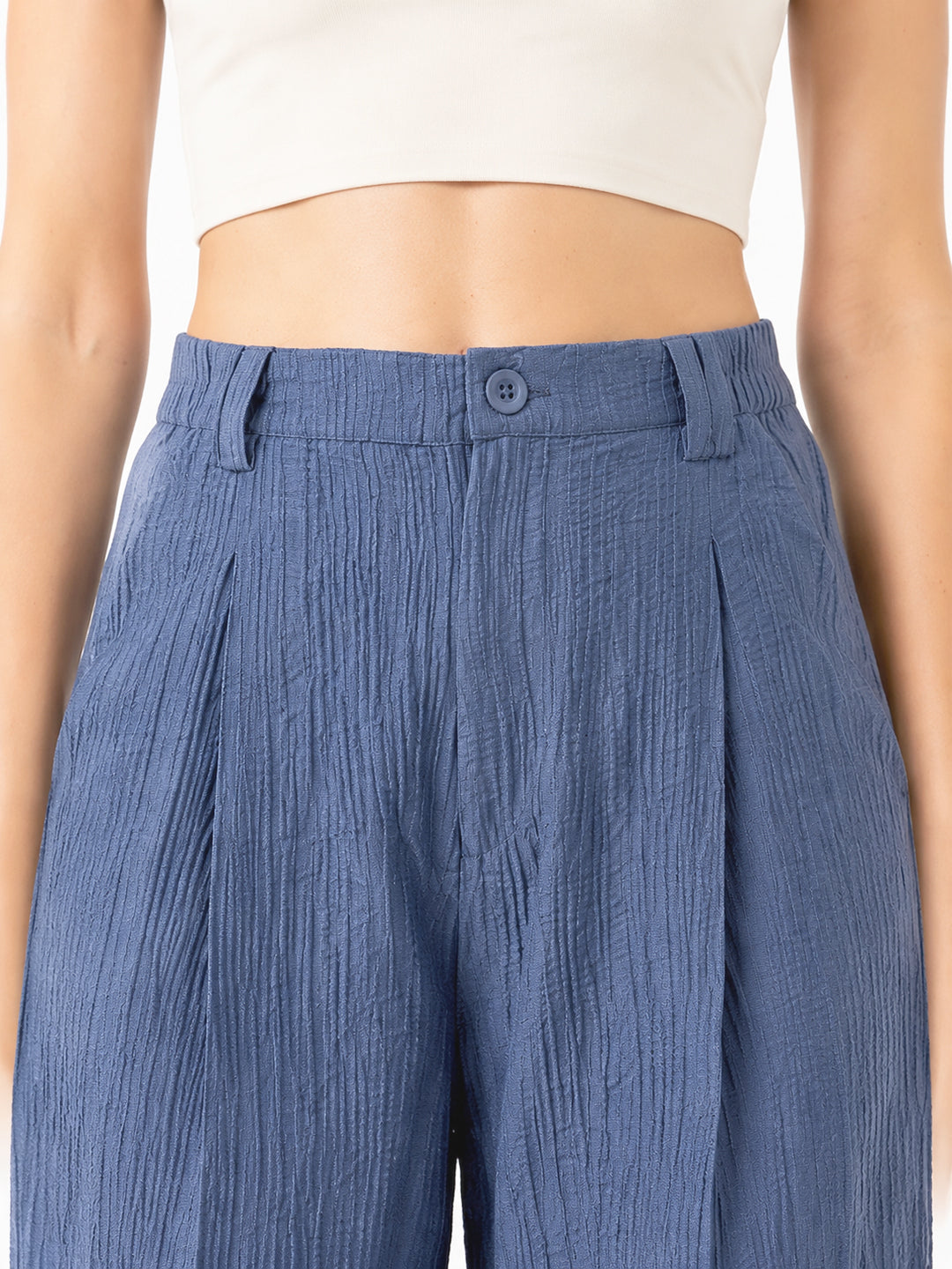 Women blue Textured High-Rise Wide-Leg Trousers