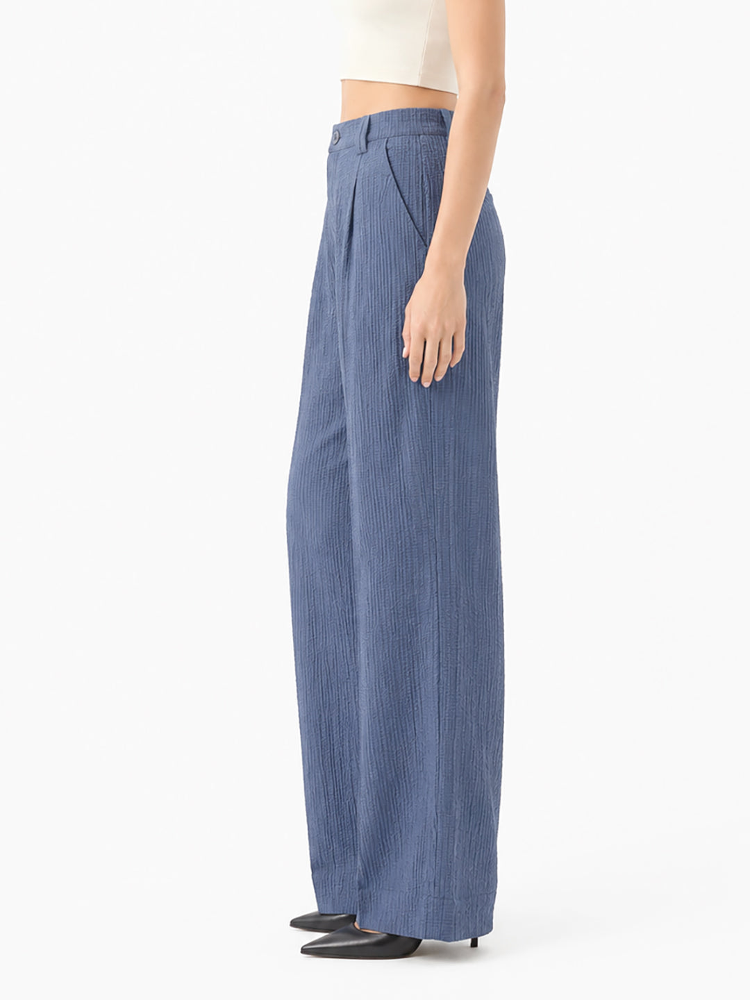 Women blue Textured High-Rise Wide-Leg Trousers